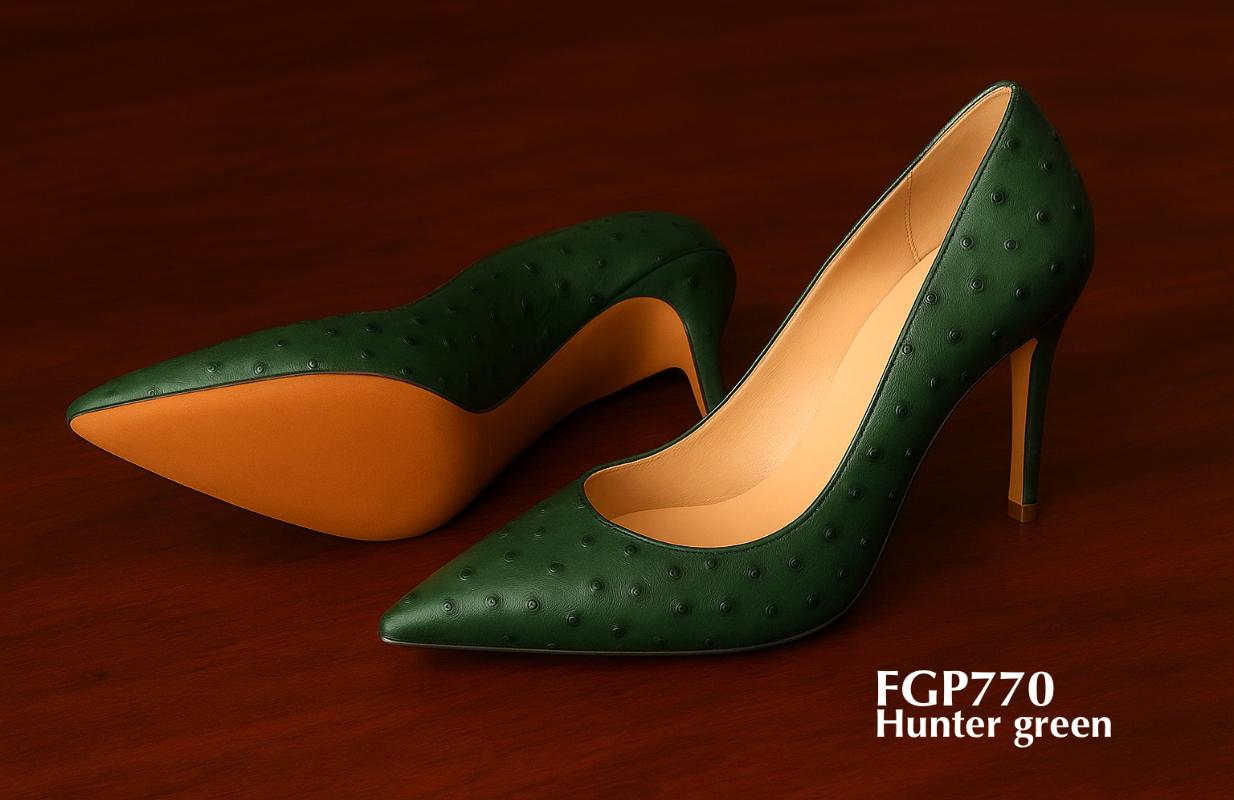fgP770 - Zapatos de vestir de piel de avestruz verde cazador con tacones