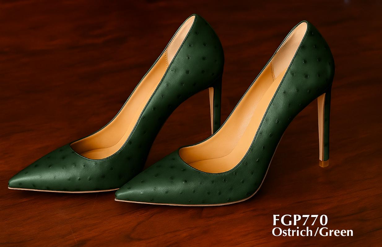 fgP770 - Zapatos de mujer de piel de avestruz verde cazador