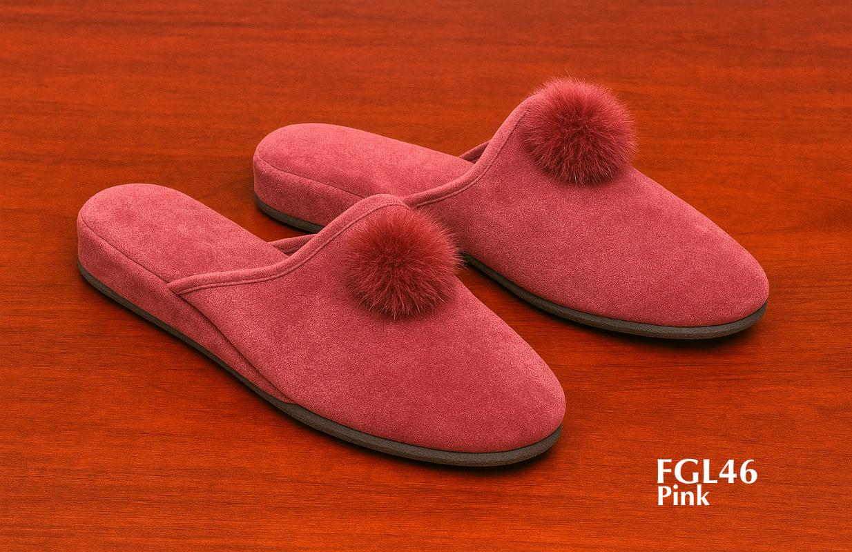 FGL46-pink-velvet-ladies-mules-pom=pom-slippers